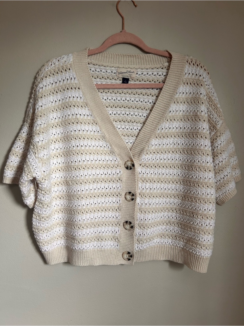 Universal Thread Crochet Short-Sleeve Cardigan in Cream and White